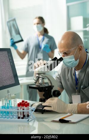 Mature bald male in protective eyewear, mask and gloves studying new vaccine in microscope against female assistant with x-ray image Stock Photo