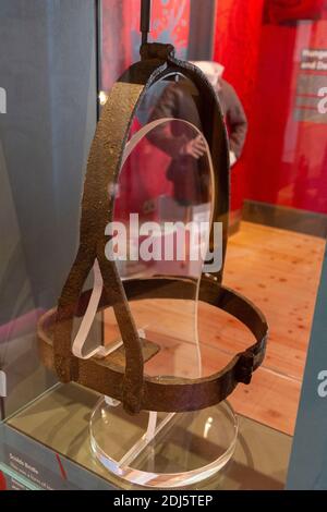 A 'Scolds Bridle', a torture device for women considered gossips or nags, National Civil War Centre, Newark Museum, Newark-on-Trent, Notts, UK. Stock Photo