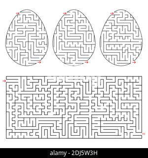 Abstract rectangular isolated labyrinth and three kinds in the form of an egg. Black color on a white background. An interesting and useful game for c Stock Vector