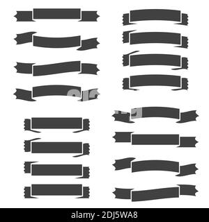 Set of silhouettes of black curved isolated ribbons banners on white background. Simple flat vector illustration. With space for text. Suitable for in Stock Vector