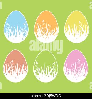 Set of colored isolated Easter eggs on a green background. With a white stroke. Silhouette of grass and leaves inside. Simple flat vector illustration Stock Vector