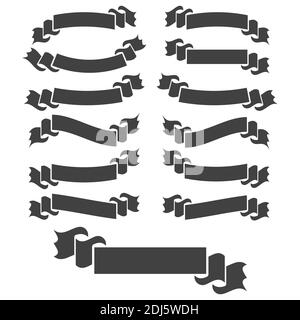 Set of silhouettes of black curved isolated ribbons banners on white background. Simple flat vector illustration. With space for text. Suitable for in Stock Vector