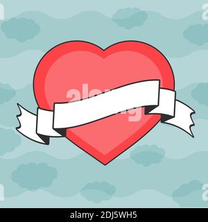Colorful isolated silhouette of a heart against a sky background with clouds. Vintage postcard with white ribbon banner and black stroke. Simple flat Stock Vector