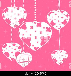 Set of colored insulated heart pendants on a pink background. With an abstract pattern. Simple flat vector illustration. Design for St. Valentine s Da Stock Vector