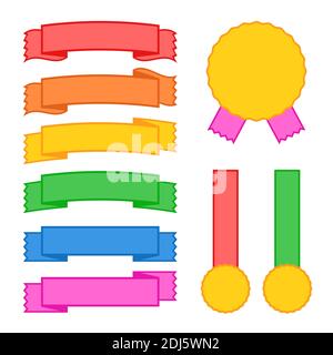 Set of colored insulated ribbons of banners, medals and labels on a white background. Simple flat vector illustration. With space for text. Suitable f Stock Vector