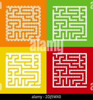 Set of four square labyrinths on a colored background. Four options for stroke. An interesting and useful game for children. Easy passage. Simple flat Stock Vector