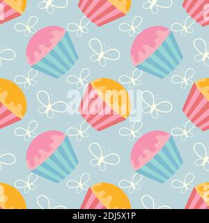 Color seamless pattern of delicious cupcakes on a blue background. Simple flat vector illustration. Suitable for Wallpaper, fabric, wrapping paper, co Stock Vector