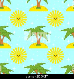 Colorful seamless pattern of sun and palm trees on a blue background. Simple flat vector illustration. For the design of paper wallpapers, fabric, wra Stock Vector