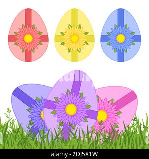 Set of colored isolated Easter eggs tied with ribbon and flower. On white background and on green grass. Simple flat vector illustration. Suitable for Stock Vector
