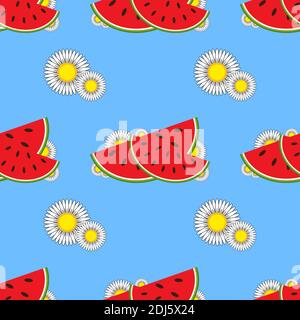 Colorful seamless pattern of red watermelons and small white flowers on a blue background. Simple flat vector illustration. For the design of paper wa Stock Vector