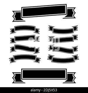 Set of silhouettes of black curved isolated ribbons banners on white background. Simple flat vector illustration. With space for text. Suitable for in Stock Vector