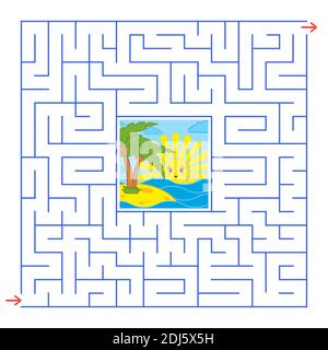 Abstract square isolated labyrinth. Of blue color. An interesting and useful game for children and adults. Simple flat vector illustration. With a car Stock Vector