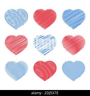 Set of red and blue hearts isolated on white background. With an abstract pattern of lines. Simple flat vector illustration. Suitable for greeting car Stock Vector