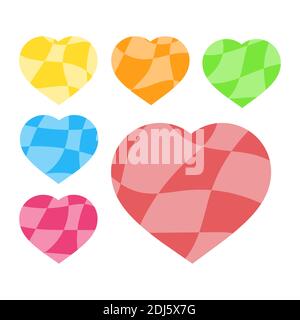 Set of colored isolated silhouettes of hearts on a white background. With a chess abstract pattern. Simple flat vector illustration. Suitable for deco Stock Vector