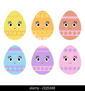 Set of cartoon cute colorful isolated Easter eggs on white background. With an abstract striped pattern. Simple flat vector illustration. Suitable for Stock Vector