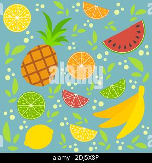 A set of colored isolated halves and whole mouth-watering fruits. Juicy, bright tropical food. Lime, lemon, grapefruit, orange, bananas, pineapple, wa Stock Vector