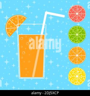 A set of colored isolated appetizing citrus slices on a blue background. Cocktail with a straw. Simple flat vector illustration. Suitable for design o Stock Vector