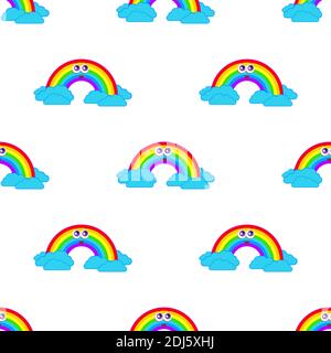 Colorful seamless pattern from a cartoon rainbow with clouds on a white background. Simple flat vector illustration. For the design of paper wallpaper Stock Vector