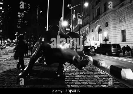 New York, USA, November 2019. Charging Bull in Lower Manhattan, New York City at night. Black and white image. Stock Photo