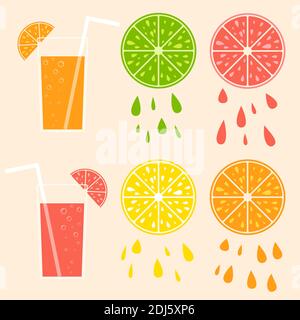 Set of colored isolated mouth-watering fruits. Juicy, bright, delicious tropical food. Lime, lemon, grapefruit, orange, cocktail with straw. Simple fl Stock Vector