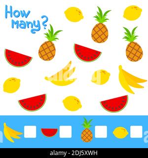 Counting game for preschool children. The study of mathematics numbers. How many fruits in the picture. Banana, lemon, pineapple, watermelon. Simple f Stock Vector
