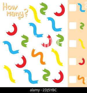 Game for preschool children. Count as many ribbons of different colors in the picture and write down the result. With a place for answers. Simple flat Stock Vector