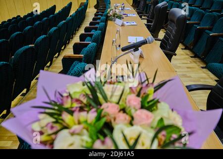 Jury table at the sports event. Assessment of players at chess tournament. A place for judges in an games competition. Stock Photo