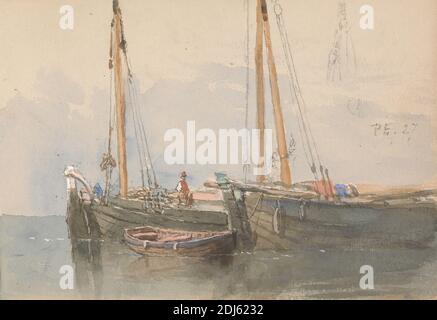 Three Boats, Clarkson Stanfield, 1793–1867, British, 1863, Watercolor, graphite, and white gouache on moderately thick, slightly textured, cream wove paper, Sheet: 5 × 7 1/4 inches (12.7 × 18.4 cm) and Binding: 5 1/4 inches (13.3 cm Stock Photo