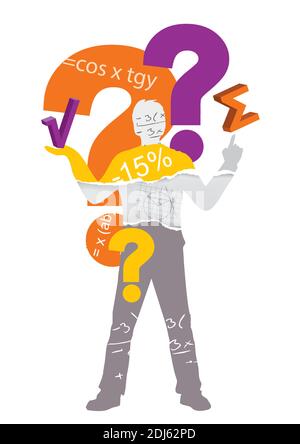 Mathematician, teacher, question mark. Illustration of stylized male silhouette with mathematical symbols and question marks. Vector available. Stock Vector