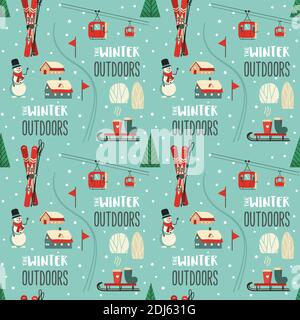 Winter outdoors activity vector seamless pattern Stock Vector