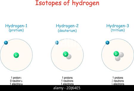 hydrogen isotopes. Atomic Structure from hydrogen-1 to hydrogen-3. Atomic Particles: protons, neutrons, electrons. Vector illustration for science use Stock Vector