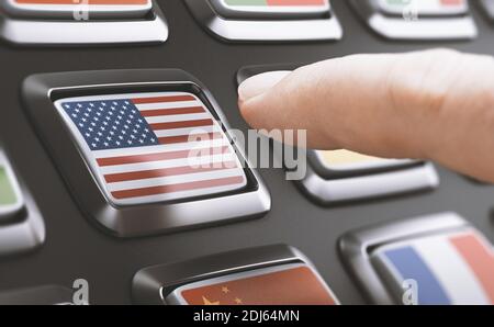 Finger about to press a button with the United States flag. Concept of US choice. Composite image between a hand photography and a 3D background. Stock Photo