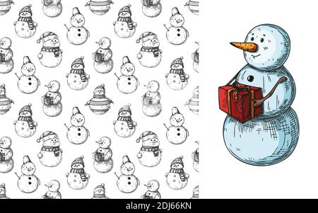 Christmas seamless pattern with snowmans. Sketch, vector Stock Vector