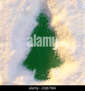Creative composition with paper christmas tree in snow in winter sunlight Stock Photo