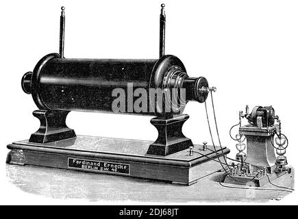 Ruhmkorff coil. 19th-century illustration of the electromagnetic ...