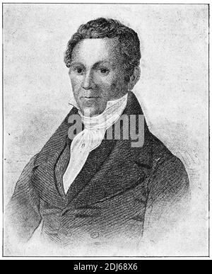 Portrait of Vincenz Priessnitz - the founder of modern hydrotherapy, which is used in alternative and orthodox medicine. Illustration of the 19th century. Germany. White background. Stock Photo