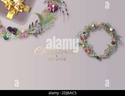 Elegant Christmas ornament floral wreath, Xmas gift boxes on pastel grey pink background. Gold text with Christmas wishes. 3D rendering. Flat lay, top Stock Photo