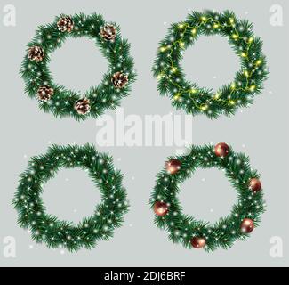 Set a Christmas wreaths made of pine branches decorated light garland, pine cones, toys, shiny sparkles. Green Christmas wreaths for your design. Vector illustration. Stock Vector