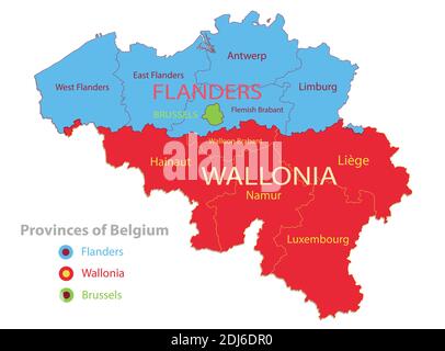 Belgium map, individual regions and provinces  with names vector Stock Vector