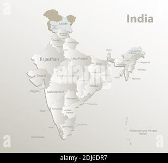 India map, administrative division, separate regions with names of individual regions, new map of division year 2020, card paper 3D natural vector Stock Vector