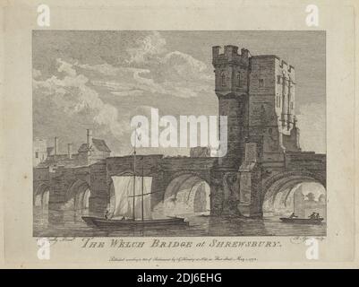 The Welch Bridge at Shrewsbury, Print made by Benjamin Green, ca. 1736–ca. 1800, British, after Paul Sandby RA, 1731–1809, British, Published by George Kearsley, 1758–1813, British, 1776, Etching and line engraving on medium, moderately textured, cream laid paper, Sheet: 7 5/8 × 10 1/16 inches (19.4 × 25.6 cm), Plate: 6 7/16 × 8 7/8 inches (16.4 × 22.5 cm), and Image: 5 3/16 × 7 7/16 inches (13.1 × 18.9 cm), architectural subject, marine art Stock Photo