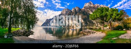 idyllic nature scenery. Wonderful lake Lago di Garda. Riva del Grada. Northern Italy,Trento Stock Photo