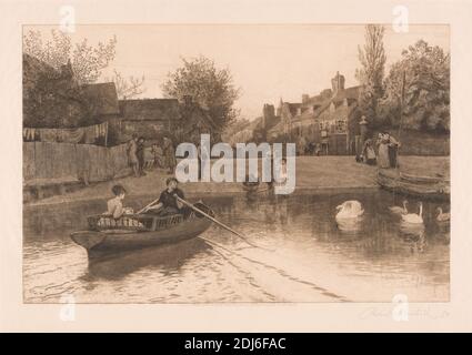 Marlow Ferry, Print made by Robert Walker Macbeth, 1848–1910, British, after Frederick Walker, 1840–1875, British, 1880, Etching on thin, slightly textured, cream wove paper, Image: 11 3/4 × 17 7/8 inches (29.8 × 45.4 cm), Plate: 14 1/8 × 19 3/4 inches (35.9 × 50.2 cm), and Sheet: 18 1/8 × 24 1/2 inches (46 × 62.2 cm), ferry, figures, genre subject, rowing, seashore, town, Buckinghamshire, England, Europe, Marlow, United Kingdom Stock Photo