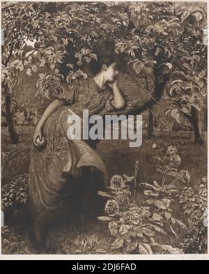 Autumn, Print made by Robert Walker Macbeth, 1848–1910, British, artist Frederick Walker, 1840–1875, British, 1865, Etching on thin, smooth, cream wove paper, Image: 23 1/4 × 17 inches (59.1 × 43.2 cm) and Sheet: 25 1/4 × 20 7/8 inches (64.1 × 53 cm), autumn, dress, female, figure, foliage, genre subject, tree Stock Photo