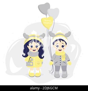 kids winter. A pair of children - a boy and a girl with deer horns on their heads and balloons on a gray background. the text of congratulations on th Stock Vector