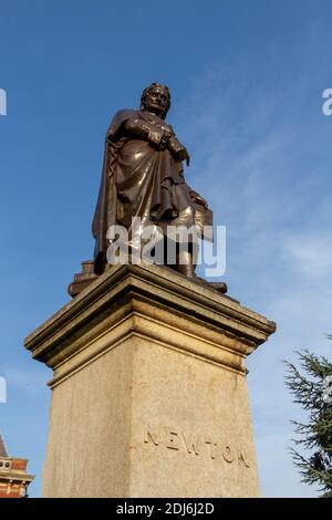 Statue of Sir Isaac Newton in front of the Guildhall Arts Centre, St Peters Hill, Grantham, Lincolnshire, UK. Stock Photo