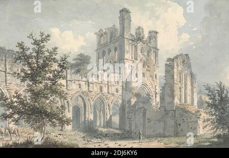 Llanthony Abbey, Monmouthshire, Edward Dayes, 1763–1804, British, undated, Watercolor, pen and black ink and graphite on moderately thick, slightly textured, beige wove paper, Sheet: 5 7/8 × 9 inches (14.9 × 22.9 cm), abbey, architectural subject, castle, exterior, figure, figure, ruins, Europe, Monmouthshire, United Kingdom, Wales Stock Photo