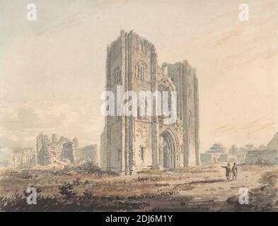 Elgin Cathedral, Moray, Edward Dayes, 1763–1804, British, And James Moore, 1762–1799, British, 1792, Watercolor, graphite, pen, gray ink, and gray wash on medium, slightly textured, cream wove paper, Sheet: 6 1/2 x 8 1/2 inches (16.5 x 21.6 cm) and Mount: 9 5/8 x 11 5/8 inches (24.4 x 29.5 cm), architectural subject, architecture, cathedral, church, ruins, Elgin, Europe, Moray, Scotland, United Kingdom Stock Photo