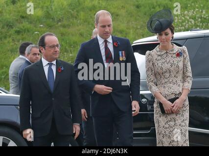 France's President Francois Hollande, left, greets Britain's Prince William and his wife Kate, the Duchess of Cambridge, as they arrive in Thiepval, northern France, to attend the Somme centenary commemorations, Friday, July 1st, 2016. One week after Britain's vote to leave the European Union, Prime Minister David Cameron and royal family members will stand side-by-side with France's president to celebrate their historic alliance at the centenary of the deadliest battle of World War I.Photo by Francois Mori/Pool/ABACAPRESS.COM Stock Photo