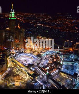 The Great Mosque and inside its courtyard, the 'kaaba' cube, and the Mecca Clock Tower (left) in rare and night images, taken during the last days of Ramadan, in Mecca, Saudi Arabia, on July 2, 2016. Photo by Balkis Press/ABACAPRESS.COM Stock Photo